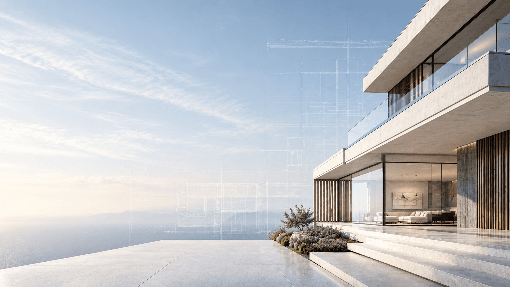 Moderne Architektur mit eingeblendeten Bauplan-Linien